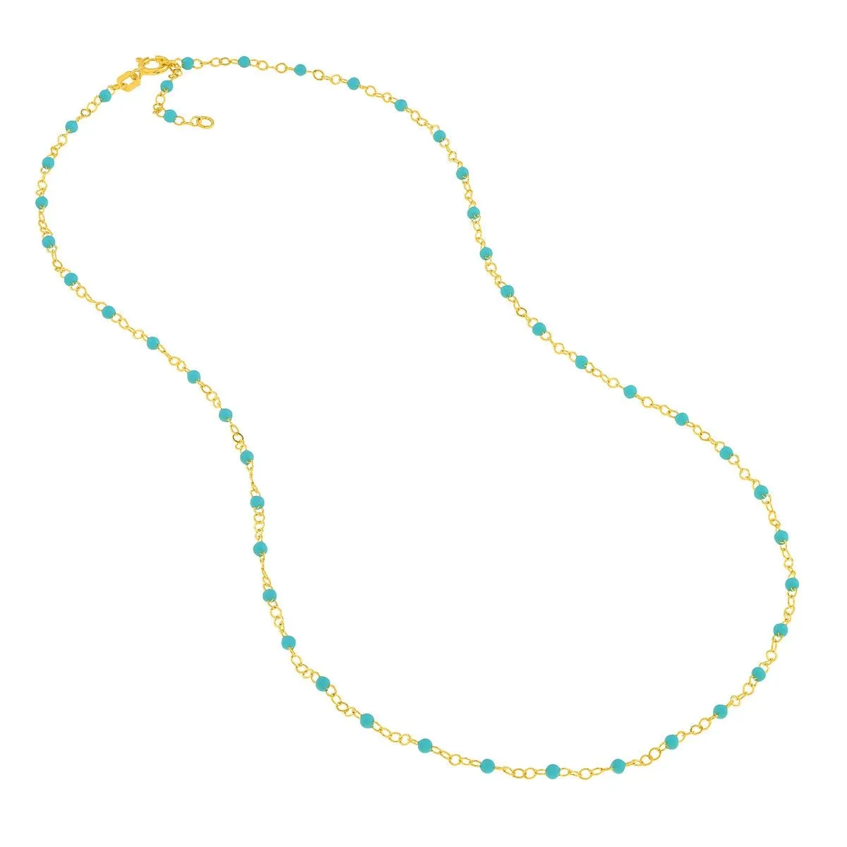 14K Yellow Gold Light Turquoise Enamel Bead Piatto Chain