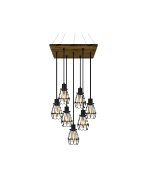 18" Square Wood Chandelier: Black and Black Cages