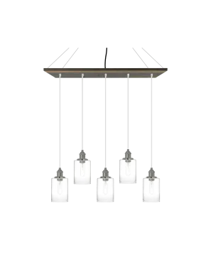 35" x 9" Wood Chandelier: Grey, White, and Glass Cylinder Shades