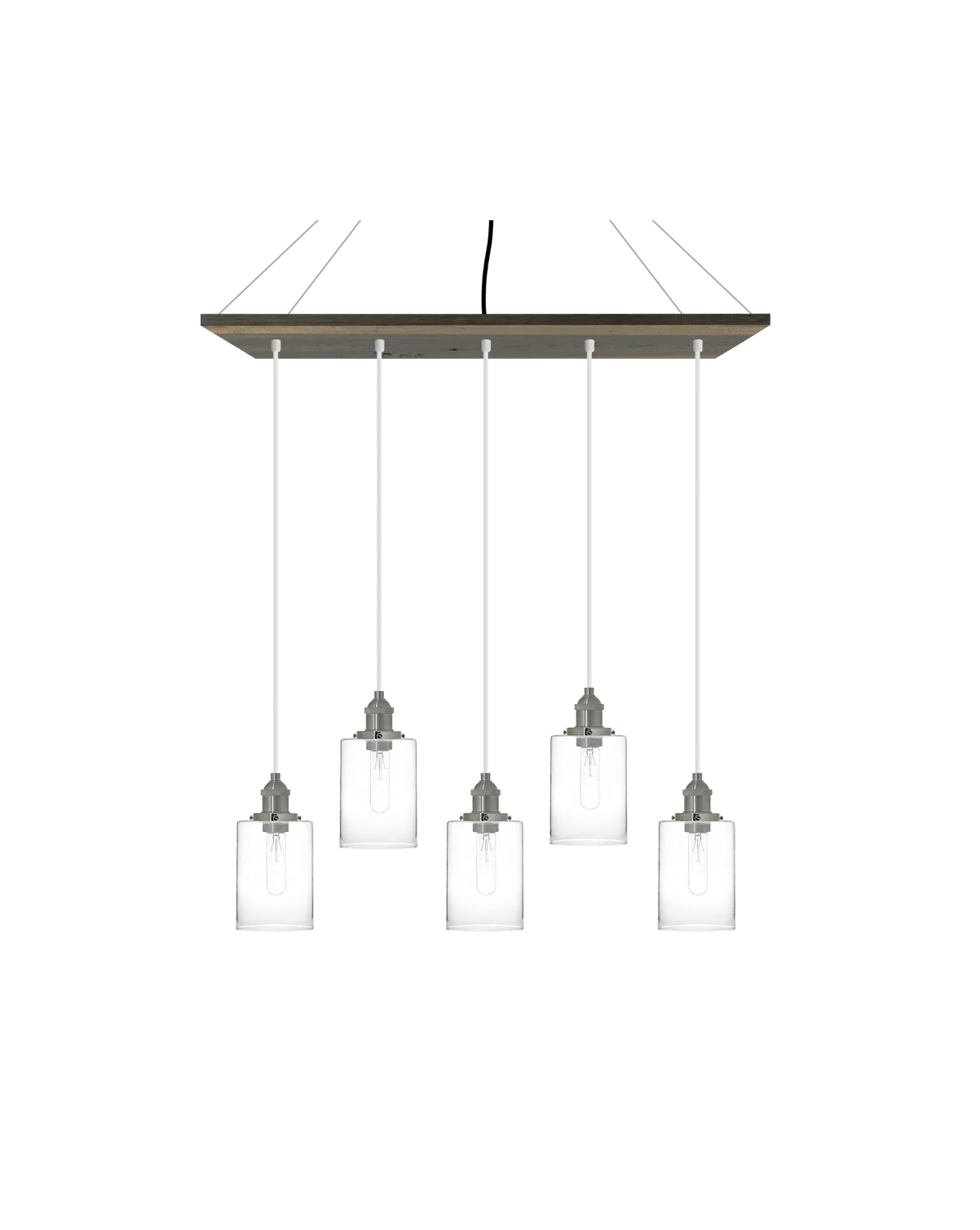 35" x 9" Wood Chandelier: Grey, White, and Glass Cylinder Shades