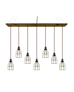 47" x 9" Wood Chandelier: Walnut, Brown, and Black Cages