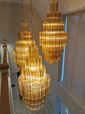 Amber, Fume, & Clear Crystal Murano Glass Prism Cluster Pendant Chandelier