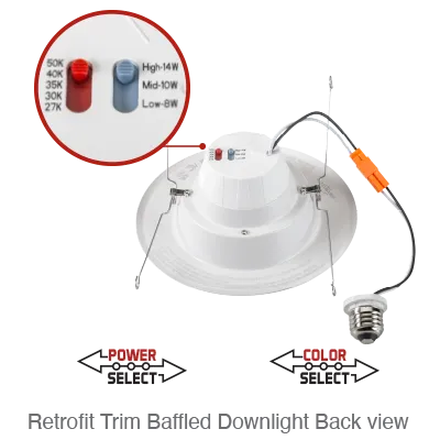 Aviva 5/6 Inch LED Baffled Down Light Retrofit, 1,240 Lumens, Wattage Selectable 8W/10W/14W, 120V, CCT Selectable: 2700K/3000K/3500K/4000K/5000K