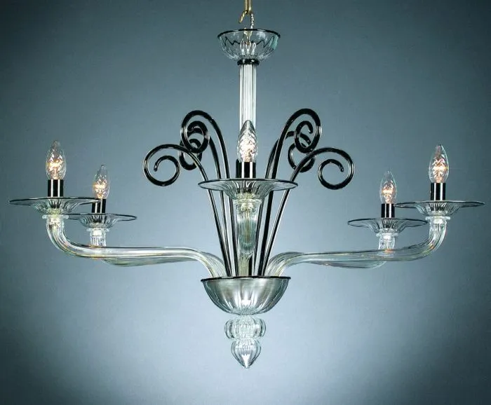 Clear And Black Murano Glass 5 Light Art Deco Chandelier