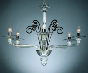 Clear And Black Murano Glass 5 Light Art Deco Chandelier