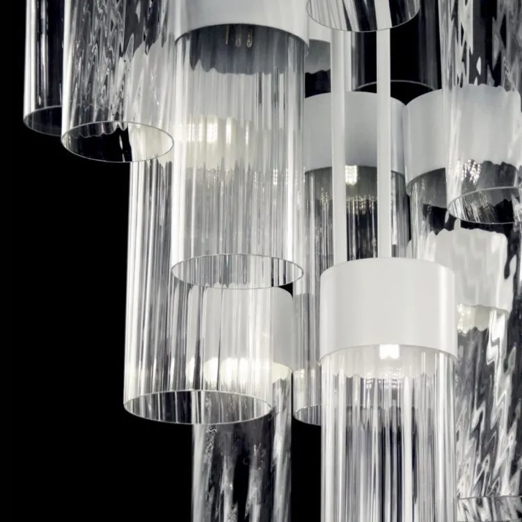 Contemporary Glass Cylindrical Chandelier With White Frame