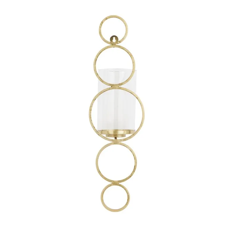 COSMOLIVING BY COSMOPOLITAN GOLD METAL CIRCLE WALL SCONCE WITH GLASS HOLDER