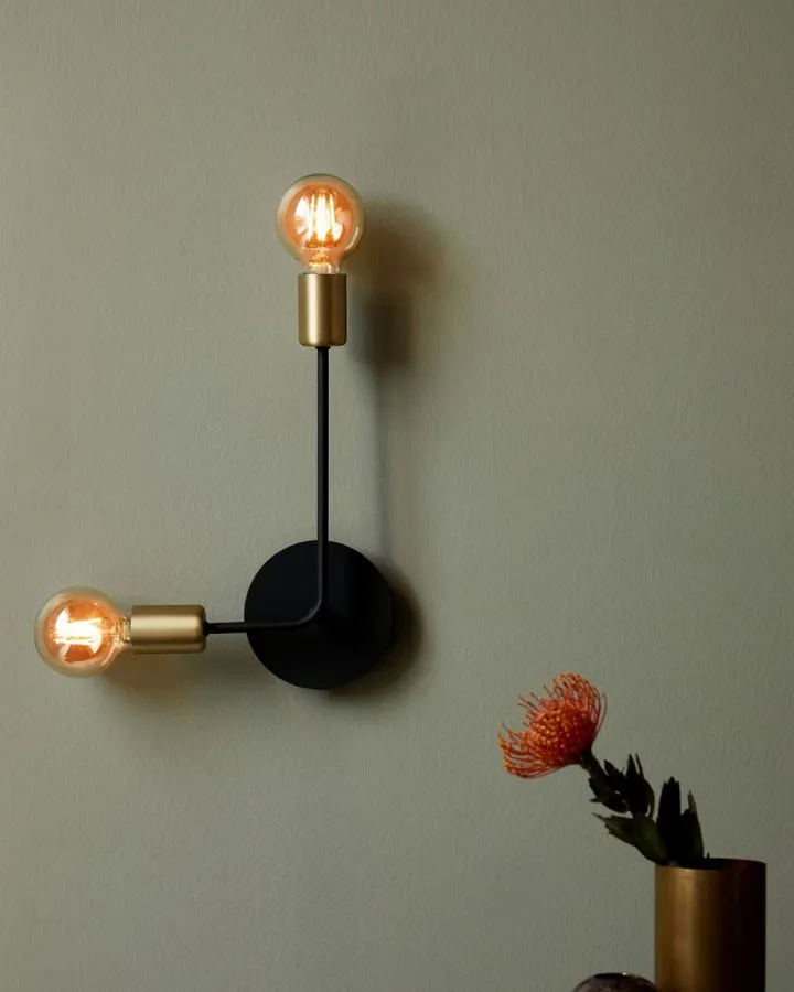 Dual Arm Brass & Black Wall Light