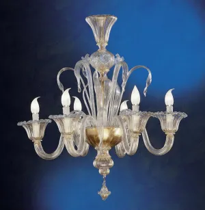 Fine 6 Light Murano Glass Chandelier With 24 Carat Gold Trim