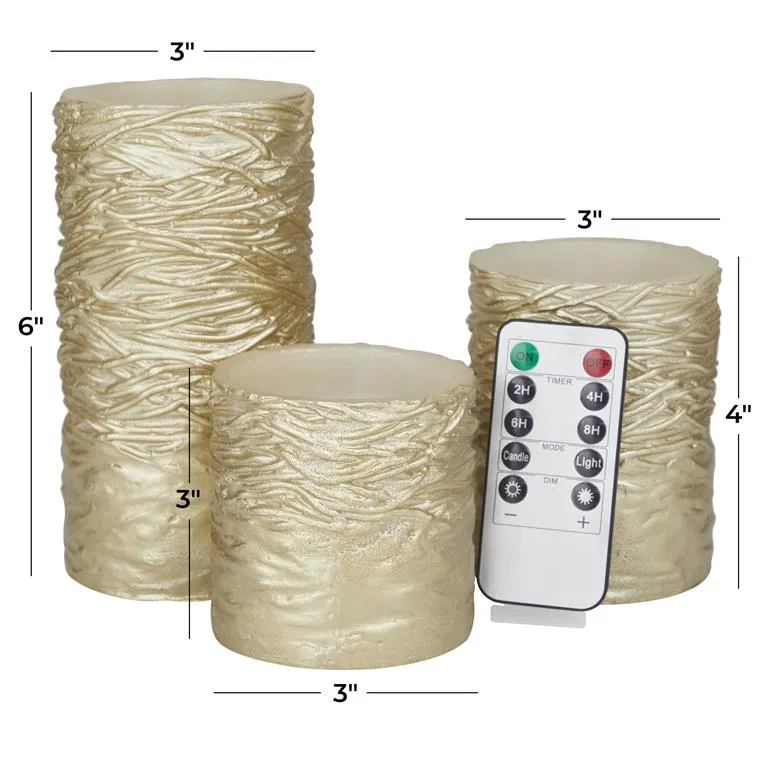GOLD WAX TEXTURED FLAMELESS CANDLE WITH REMOTE CONTROL, SET OF 3