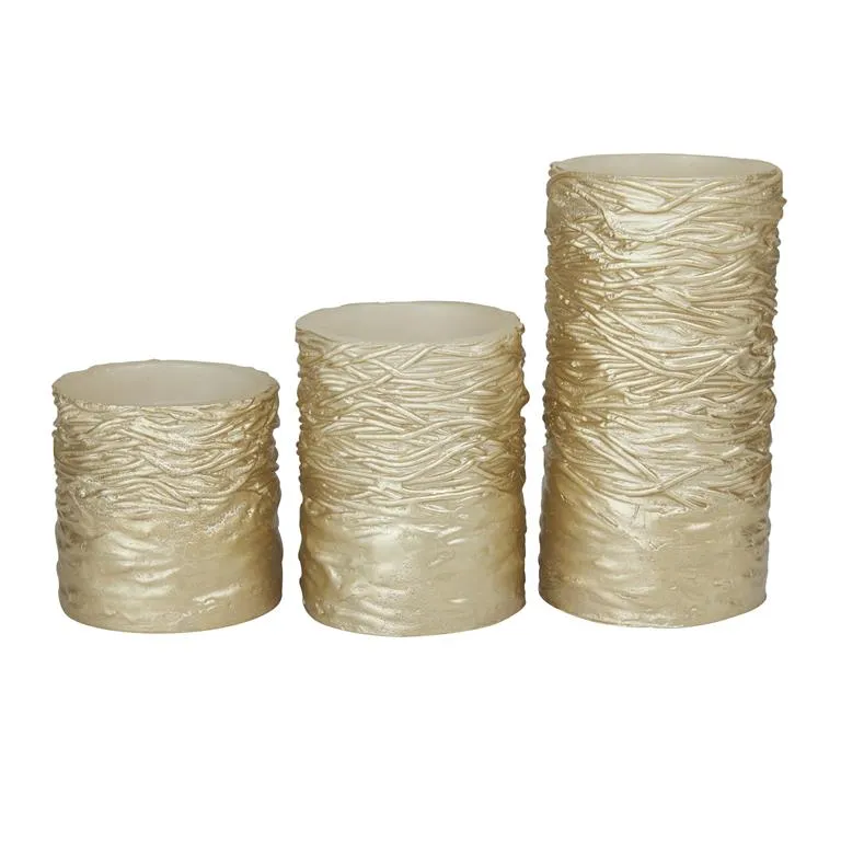 GOLD WAX TEXTURED FLAMELESS CANDLE WITH REMOTE CONTROL, SET OF 3