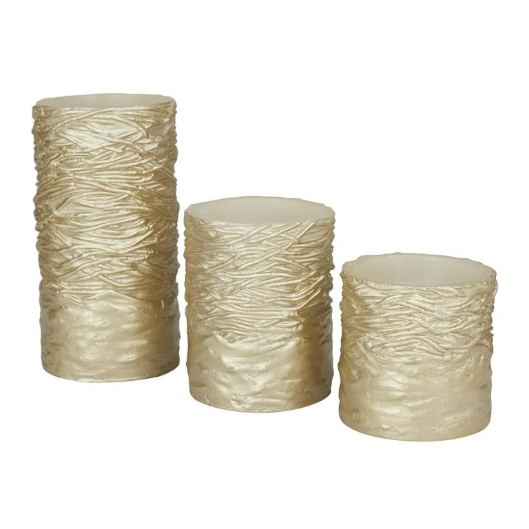 GOLD WAX TEXTURED FLAMELESS CANDLE WITH REMOTE CONTROL, SET OF 3