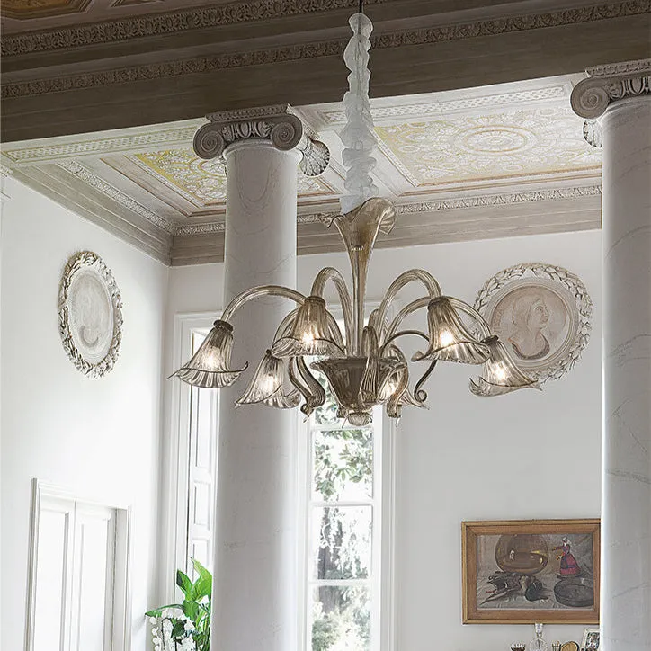 Hand-Blown 6 Arm Smoke Murano Glass Chandelier