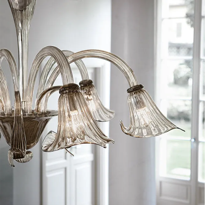 Hand-Blown 6 Arm Smoke Murano Glass Chandelier