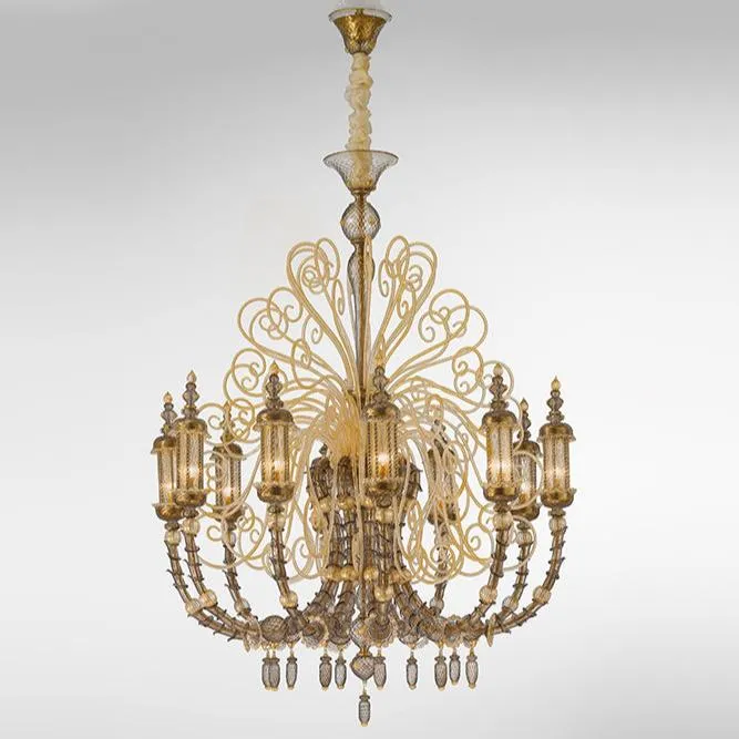 Hand-Blown Ornate Luxurious Ceiling Pendant Chandelier With Ten Shades And Murano Glass