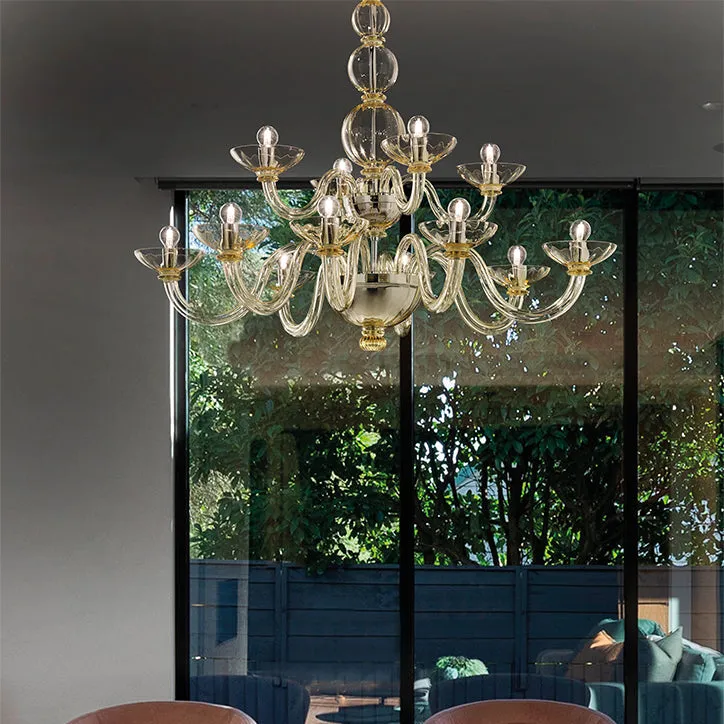 Handcrafted Luxurious Two-Tier Venetian Chandelier Lamp With Twelve Shades And Murano Glass