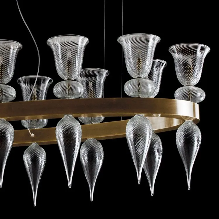 Large Murano Glass 'Goblet' Dining Table Chandelier - Burnished Brass Frame