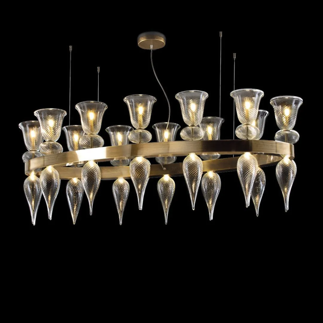 Large Murano Glass 'Goblet' Dining Table Chandelier - Burnished Brass Frame