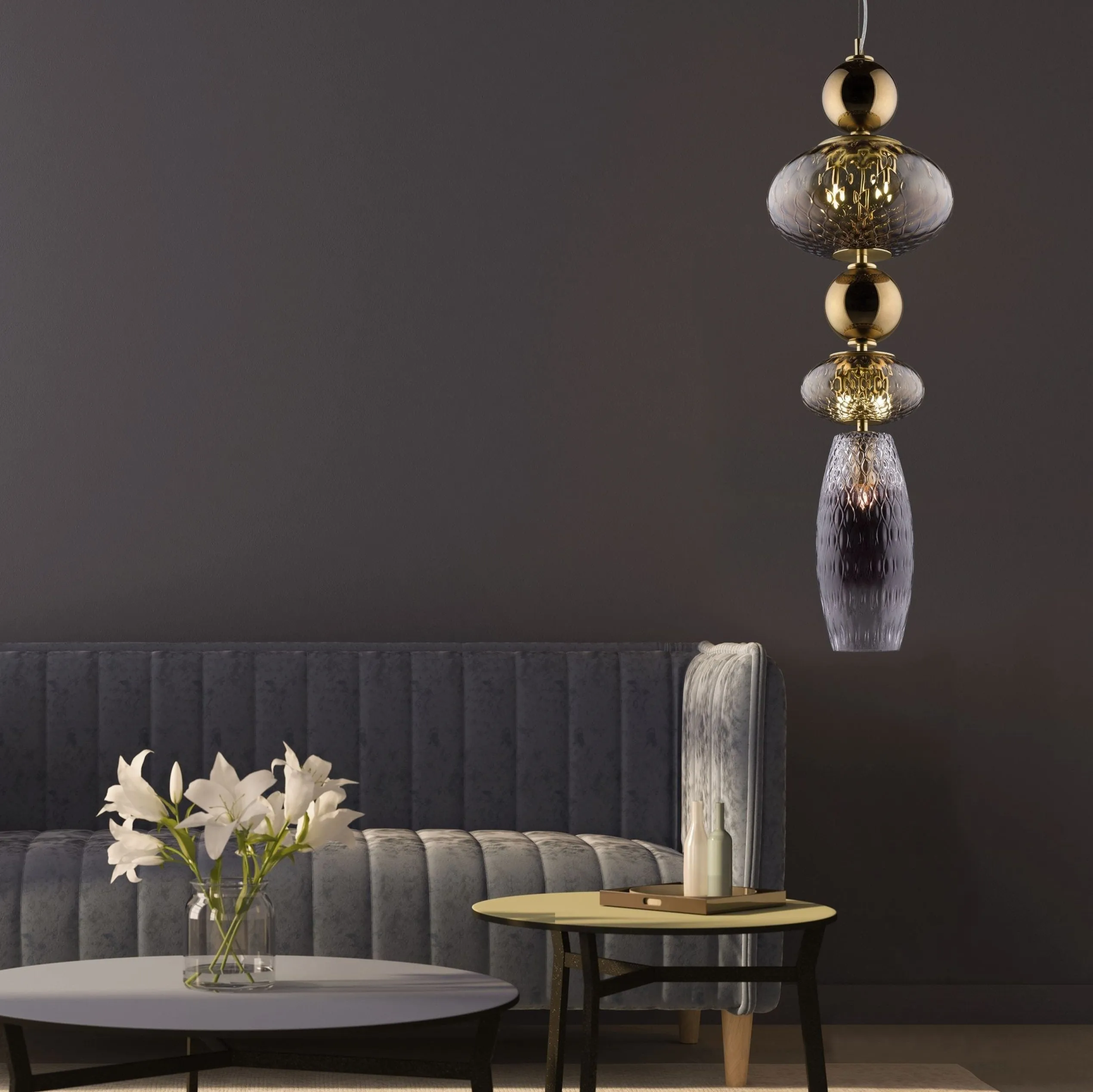 Long Stacked Globe Pendant Lamp With Smoke & Purple Glass
