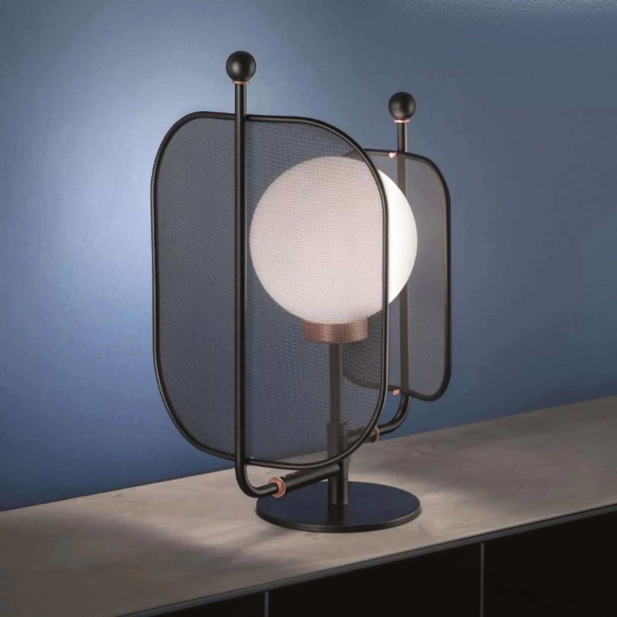 Metal Mesh Panelled Table Light In Black
