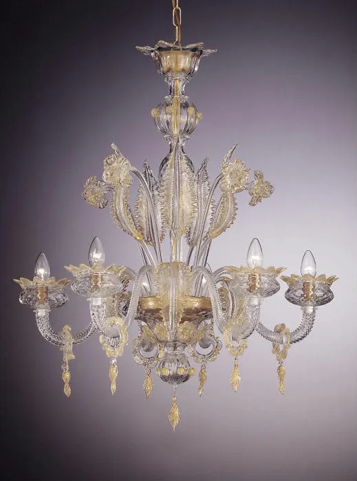 Murano Crystal Chandelier With Gold Leaves And Flowers