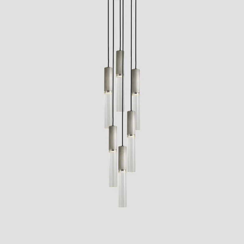 Reeded Glass and Brass Cylindrical Chandelier Pendant