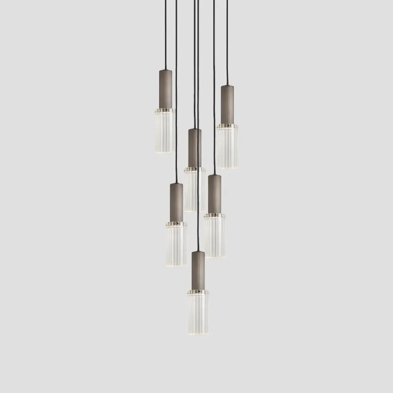 Reeded Glass and Brass Cylindrical Chandelier Pendant