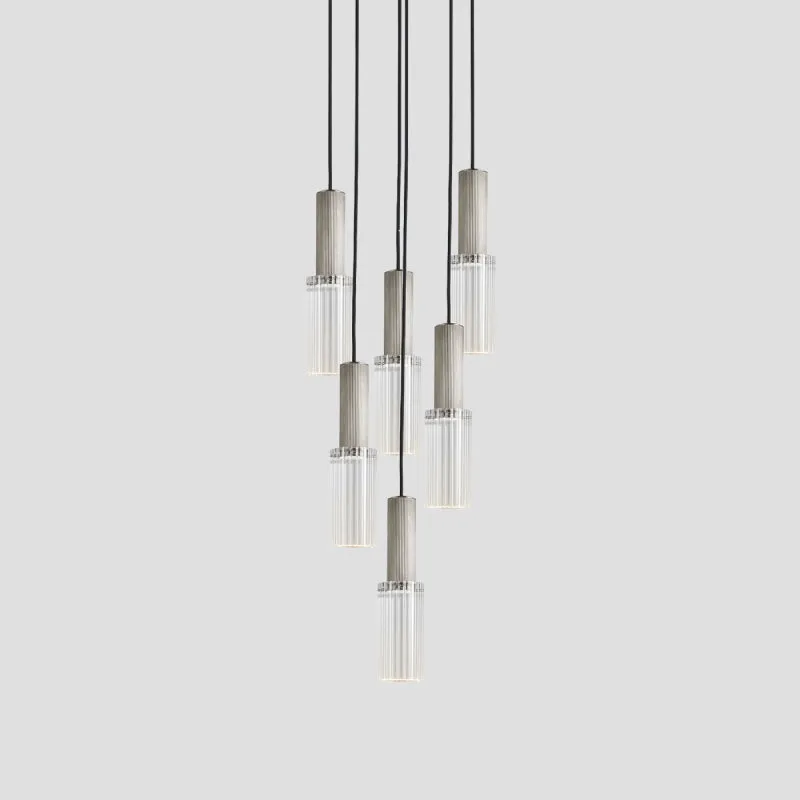 Reeded Glass and Brass Cylindrical Chandelier Pendant