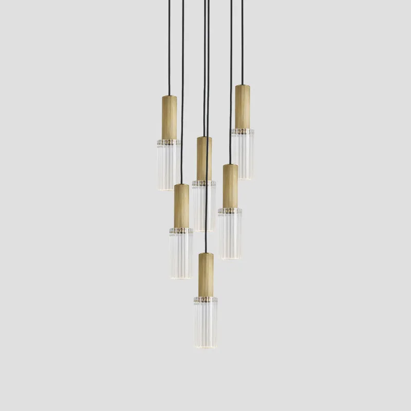 Reeded Glass and Brass Cylindrical Chandelier Pendant