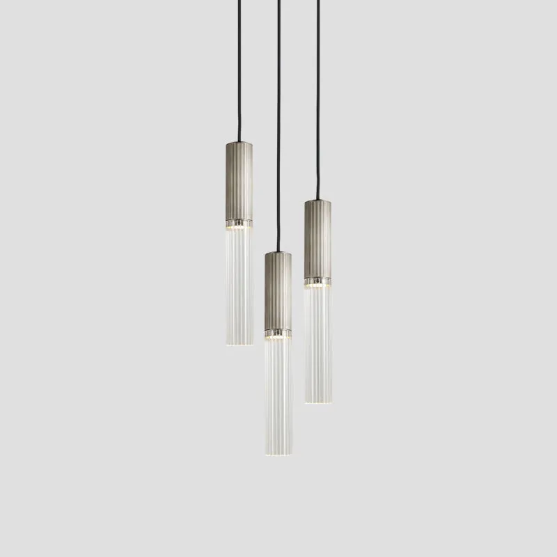 Reeded Glass and Brass Cylindrical Chandelier Pendant