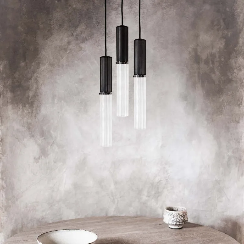 Reeded Glass and Brass Cylindrical Chandelier Pendant