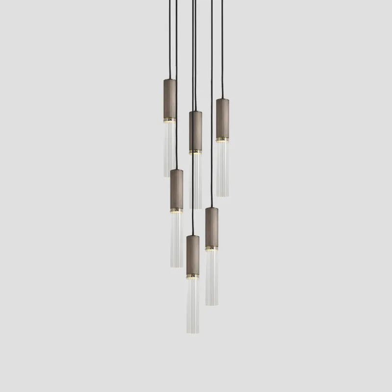 Reeded Glass and Brass Cylindrical Chandelier Pendant