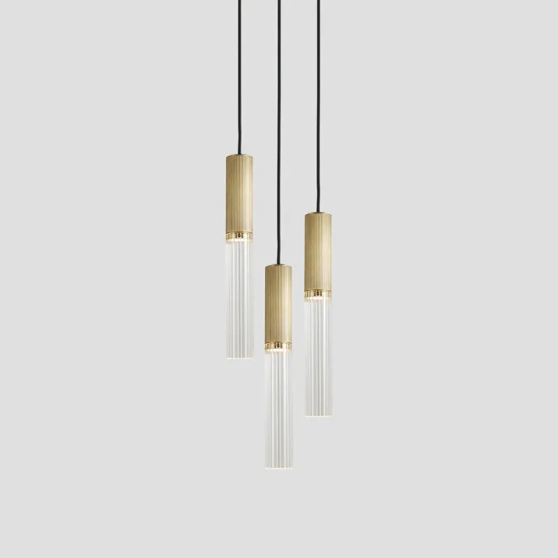 Reeded Glass and Brass Cylindrical Chandelier Pendant