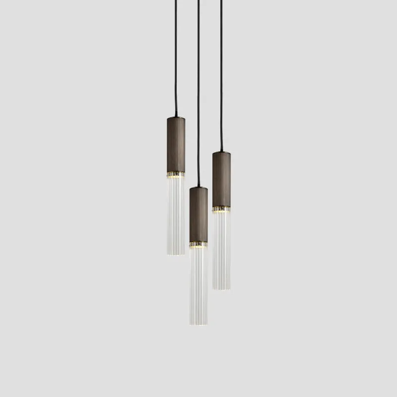 Reeded Glass and Brass Cylindrical Chandelier Pendant