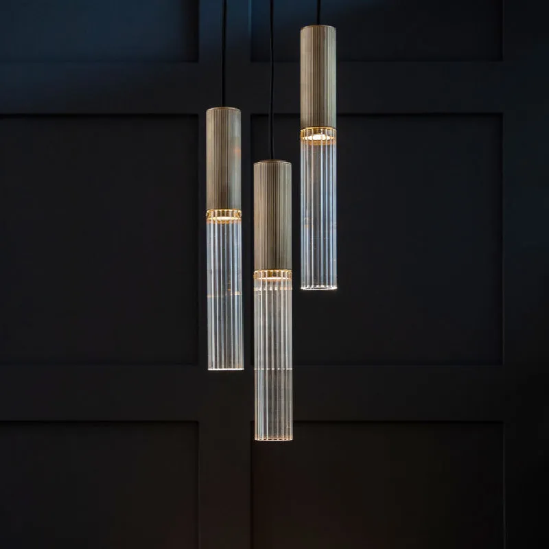 Reeded Glass and Brass Cylindrical Chandelier Pendant