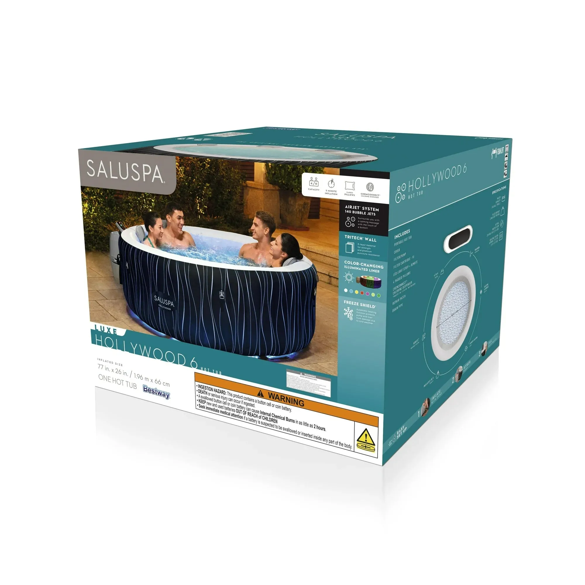 SaluSpa 60134E Hollywood AirJet Inflatable Circle Hot Tub Spa with Color-Changing LED Lights 4-6 Person with Pump #P08411