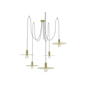 Swag Chandelier: 5 Pendant Grey and Brass with Brass Disk Shades