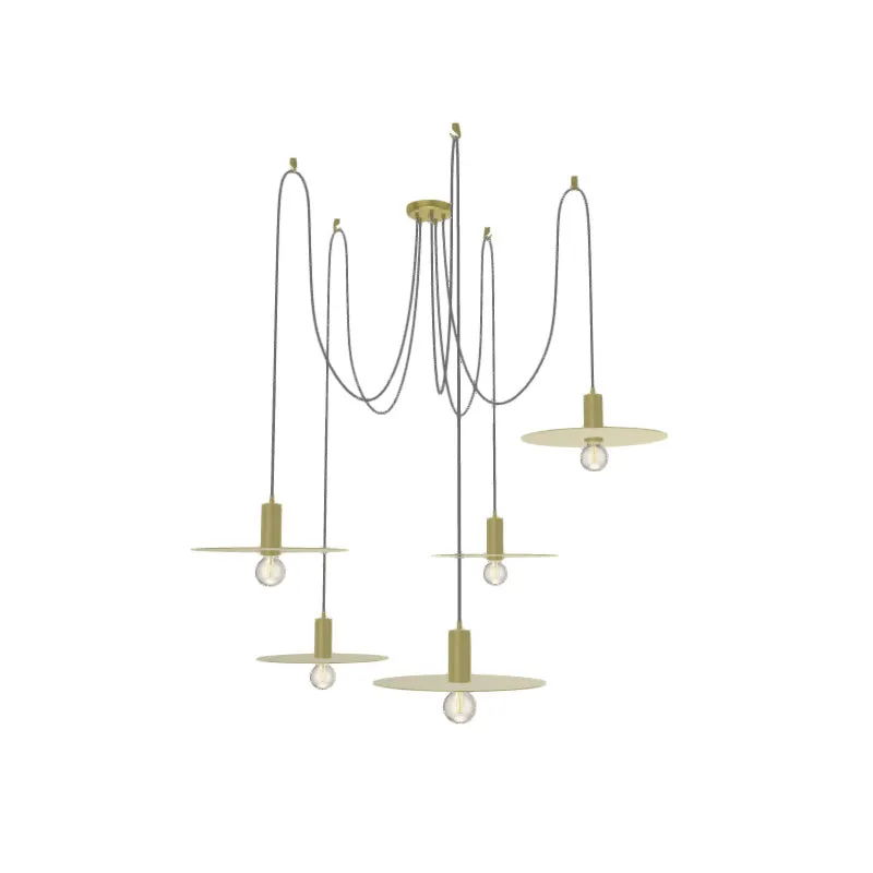 Swag Chandelier: 5 Pendant Grey and Brass with Brass Disk Shades