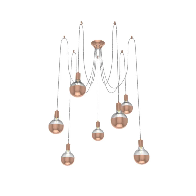 Swag Chandelier: 7 Pendant Grey and Copper with Copper Dipped Bulbs