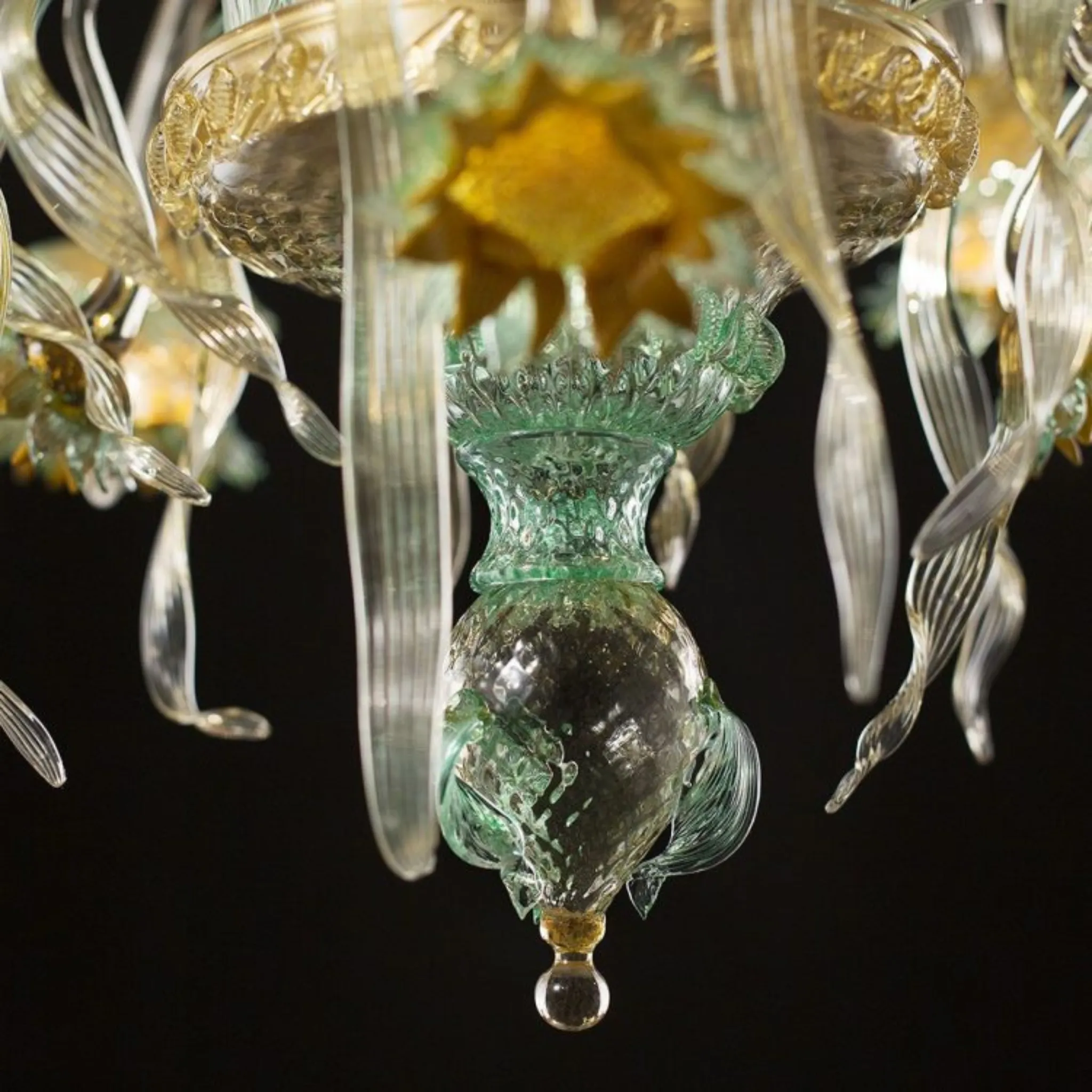 Yellow, Green & Clear Murano Glass Chandelier With Sunflowers