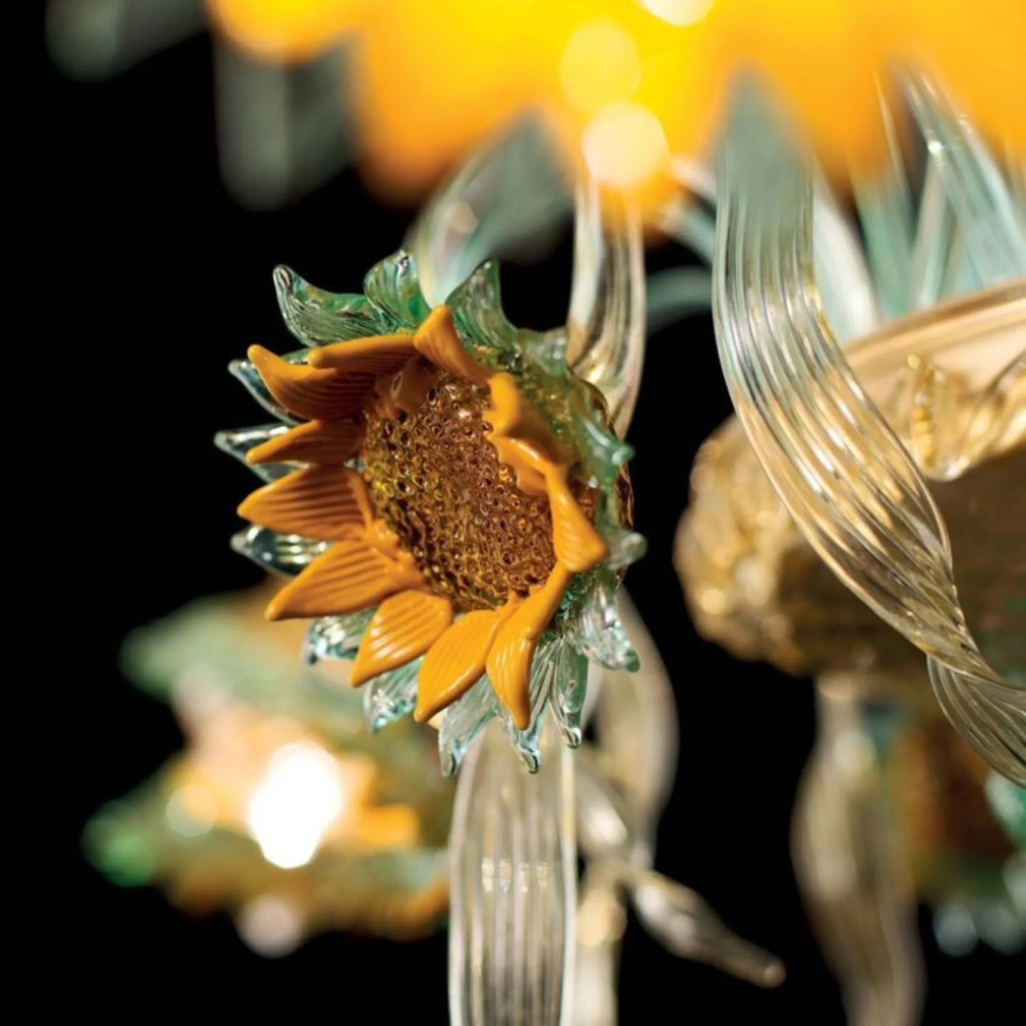 Yellow, Green & Clear Murano Glass Chandelier With Sunflowers